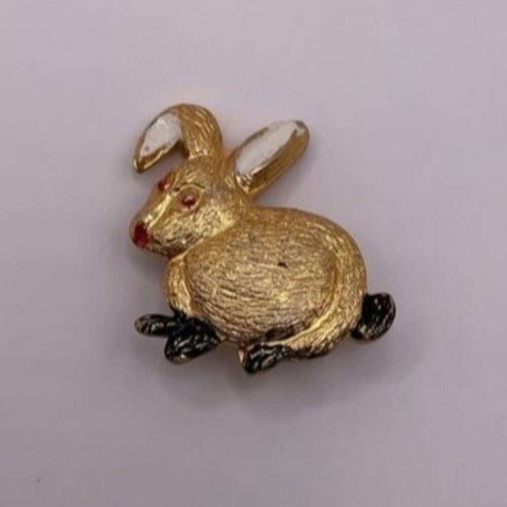 Vintage Gold Tone Rabbit Pin Brooch With Red & White Accents